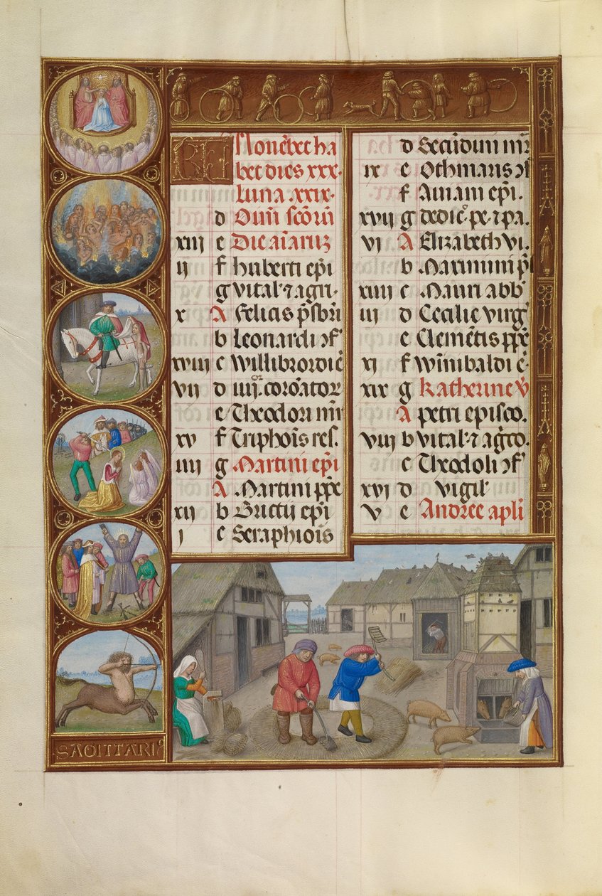 Młócenie i karmienie świń; Znak zodiaku Strzelca autorstwa Workshop of the Master of James IV of Scotland