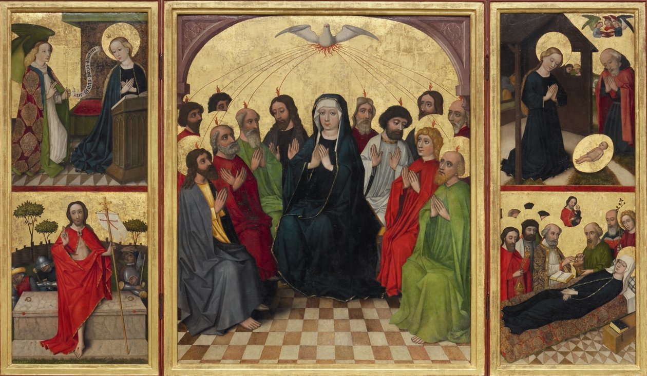 Retabulum Ducha Świętego otwarte. Zesłanie Ducha Świętego, Zwiastowanie, Narodzenia, Zmartwychwstanie Chrystusa i Śmierć Dziewicy, c. 1448 autorstwa Workshop of the Wolfgang Retable