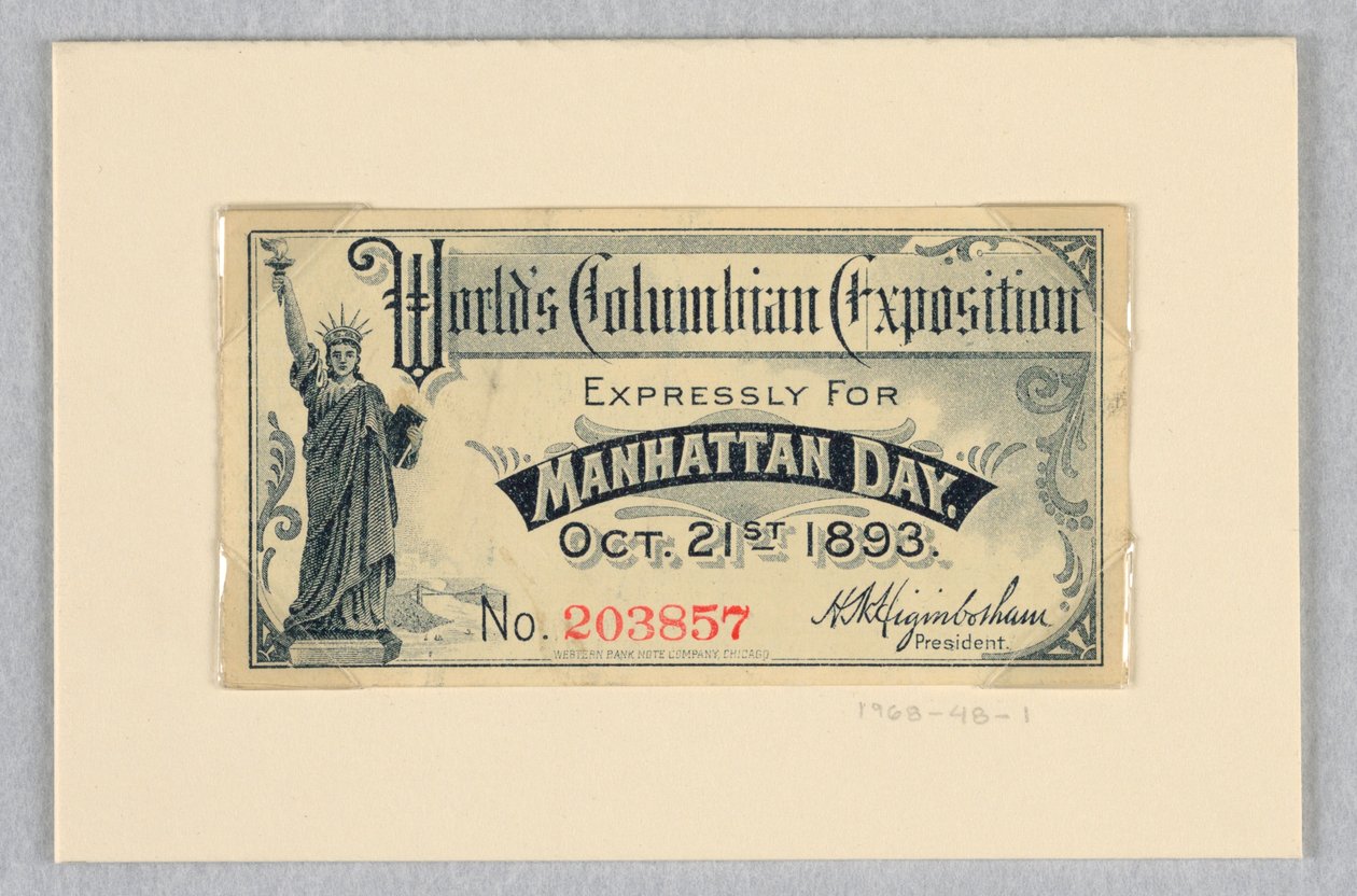 Bilet na Światową Wystawę Kolumbijską, specjalnie na Dzień Manhattanu, 21 października 1893 r. autorstwa World