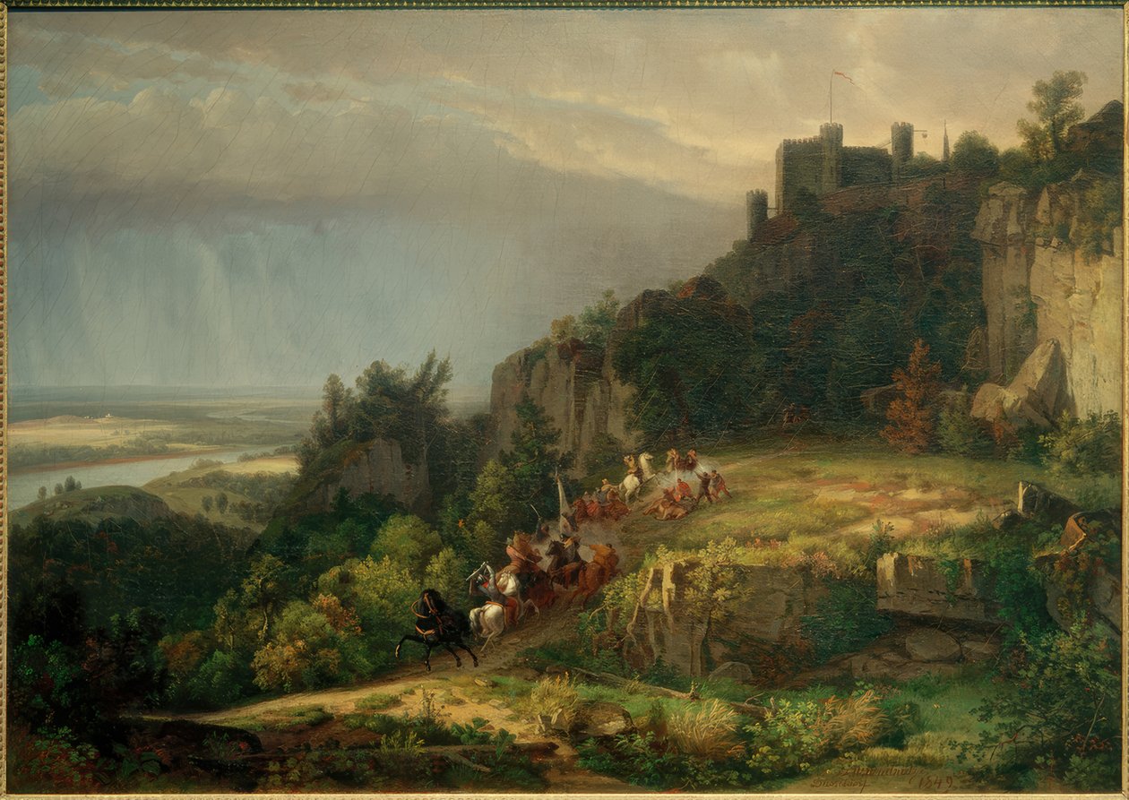 W.Whittredge, walka przed zamkiem (Burg Drachenfels) autorstwa Worthington Whittredge