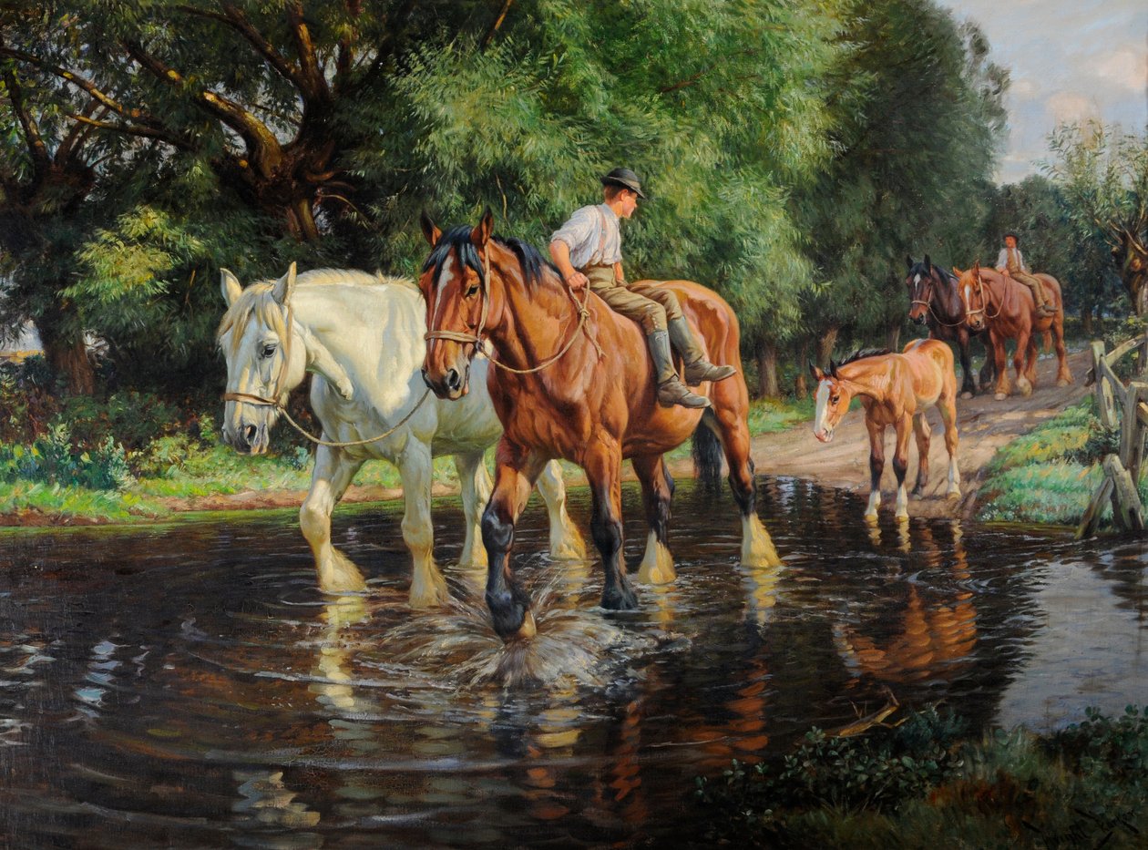 Konie zagrodowe i źrebię w bród, ok. 1915 (olej na płótnie) autorstwa Wright Barker