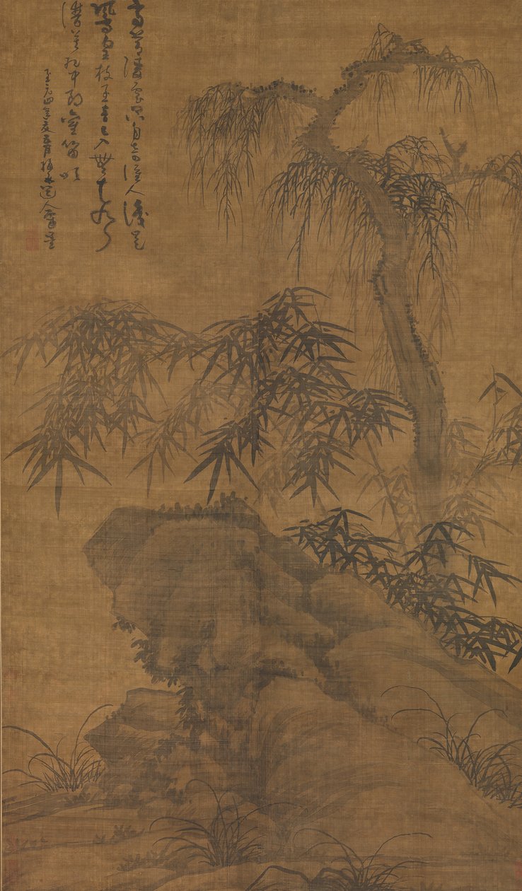 Bambus, stare drzewo i skała, dat. 1338. autorstwa Wu Zhen