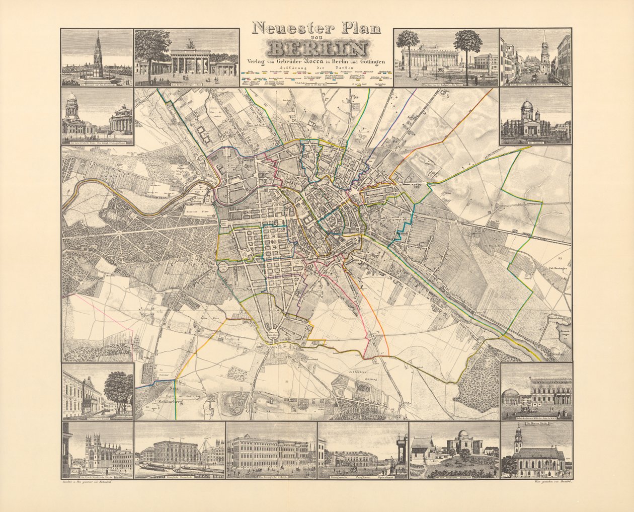 Historyczna mapa Berlina, wydana przez Verlag von Gebrueder Rocca, Berlin 1838 autorstwa W.v. Moellendorf