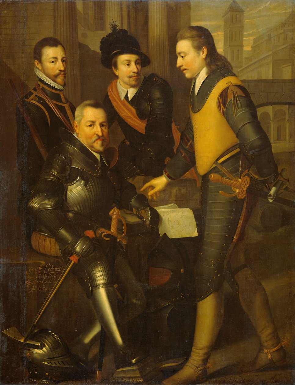Portret grupowy czterech braci Wilhelma I, księcia Orańskiego: Jana (1535-1606), Hendrika (1550-74), Adolfa (1540-68) i Lodewijka (1538-74), hrabiów Nassau autorstwa Wybrand de Geest (I) (workshop of)
