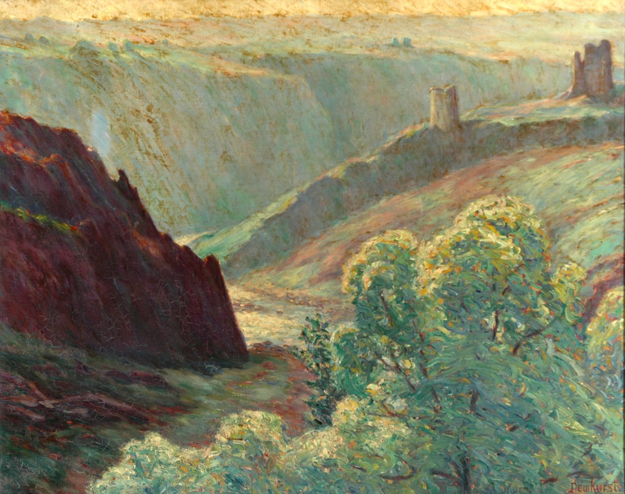 Wschód słońca i mgła nad rzeką autorstwa Wynford Dewhurst