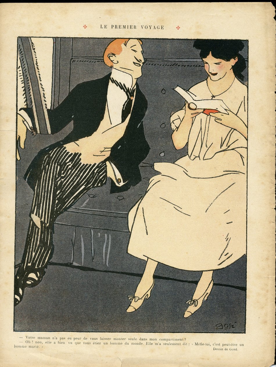 Ilustracja Xaviera Gose (1876-1915) w Le Lire, 27.08.10 - Pierwsza podróż - pociąg kolejowy, moda męska, Adultere autorstwa Xavier Gose