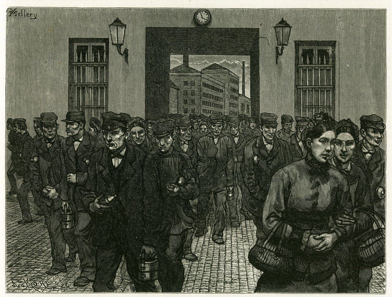 Wyjście z fabryki w Gandawie. Grawer X. Mellery, po naturze, ilustrujący historię „Belgia” w 1888 r. autorstwa Camille Lemonnier (1844-1913), krytyka sztuki i pisarza. Opublikowane w Tour du monde, 2. semestr 1883, pod redakcją Edouarda Chartona (1807-1890 autorstwa Xavier Mellery