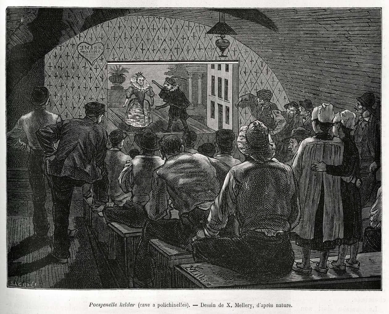 Piwnica Polichinelles, piwnica przeznaczona na przedstawienia lalkowe. Grawer X.Mellery, ilustrujący historię Belgii, autorstwa Camille Lemonnier, opublikowany w Tour du monde pod redakcją Edouarda Chartona (1807-1890) autorstwa Xavier Mellery