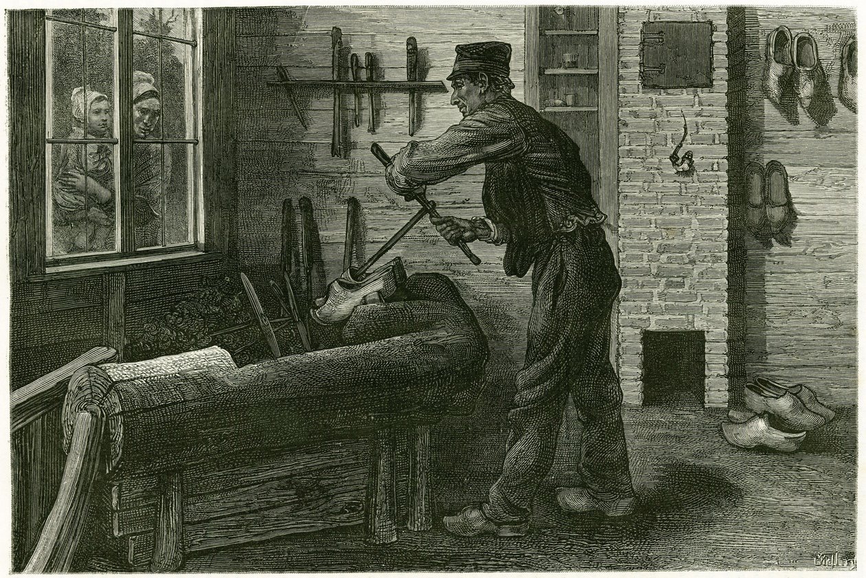 Sabotażysta z Terneuzen ma swoją siedzibę, powiększa i kopie drewno za pomocą wpychaczy. Grawer X.Mellery, po naturze, aby zilustrować historię „Belgia” w 1888 r., autorstwa Camille Lemonnier (1844-1913), krytyka sztuki i pisarza. Opublikowane w To autorstwa Xavier Mellery