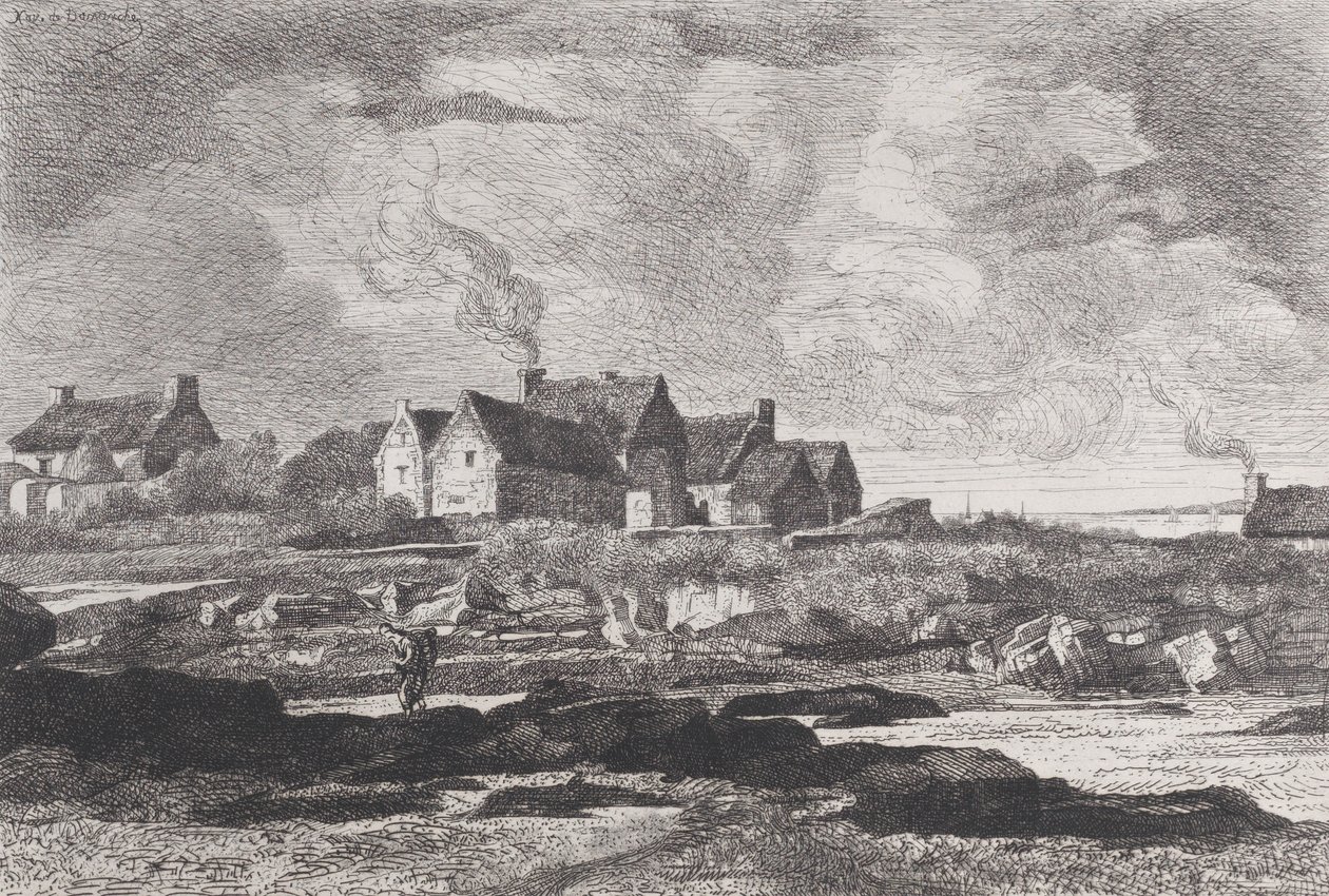 Wiejski krajobraz z rzeką płynącą z prawej strony i domami w tle, 1845-75. autorstwa Xavier de Dananche
