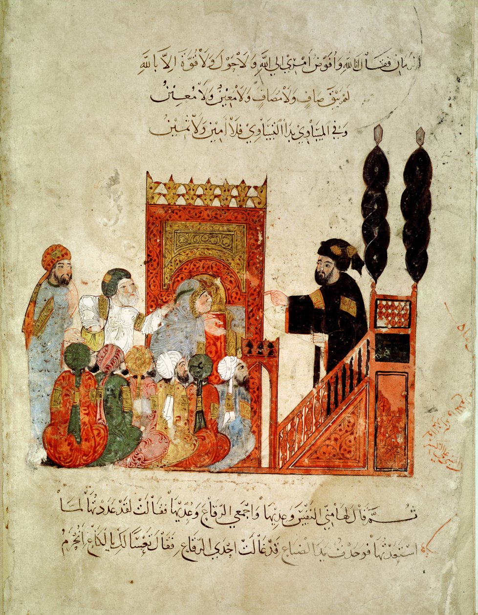 Ms Ar 5847 f.18v, Abou Zayd wygłasza kazanie w meczecie, z „Al Maqamat” (Spotkania) Al-Haririego, ok. 1240 (gwasz na welinie) autorstwa Yahya ibn Mahmud Al Wasiti