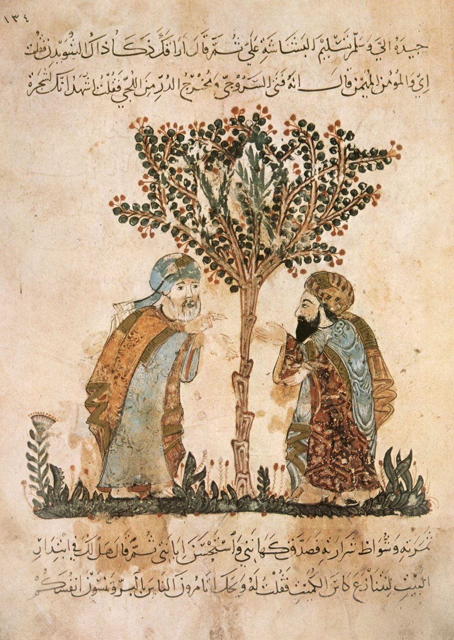 Pani Ar 5847 f.121, Abou Zayd rozmawiający z Al-Harith, z Al Maqamat przez Al Hariri, ok. 1240 (gwasz na welinie) autorstwa Yahya ibn Mahmud Al Wasiti