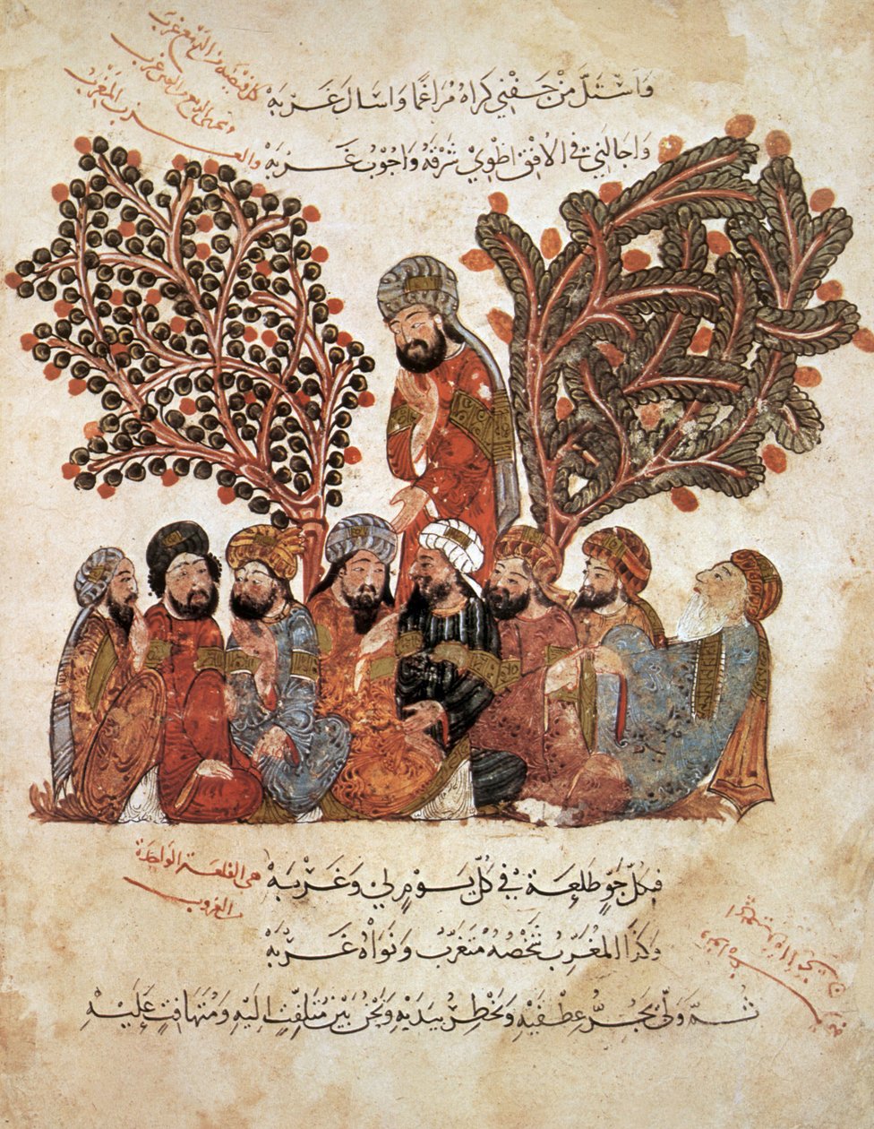 Ms Ar 5847 f.51, Al-Harith rozstający się ze swoimi towarzyszami, z Al Maqamat Al Hariri, ok. 1240 (gwasz na pergaminie) autorstwa Yahya ibn Mahmud Al Wasiti