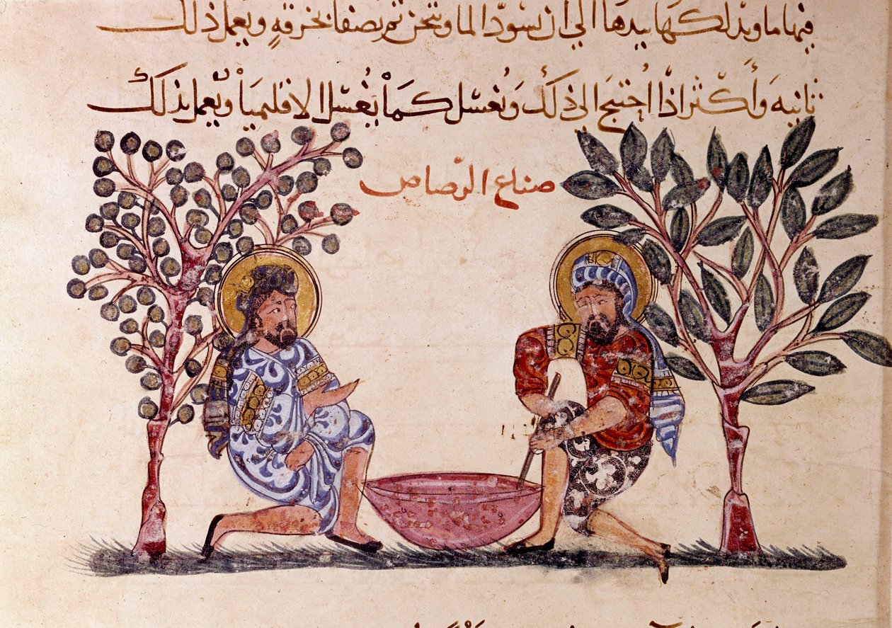 The Making of Lead Page of „”Maqamat”” (Seanse), łotrzykowski poemat z XI wieku arabskiego poety Abu Mohammeda al-Kasima ibn Ali Hariri (albo Al-Hariri lub Al Hariri) (1054-1122) zilustrowany przez Al-Wasiti (al-Wasiti) autorstwa Yahya ibn Mahmud Al Wasiti