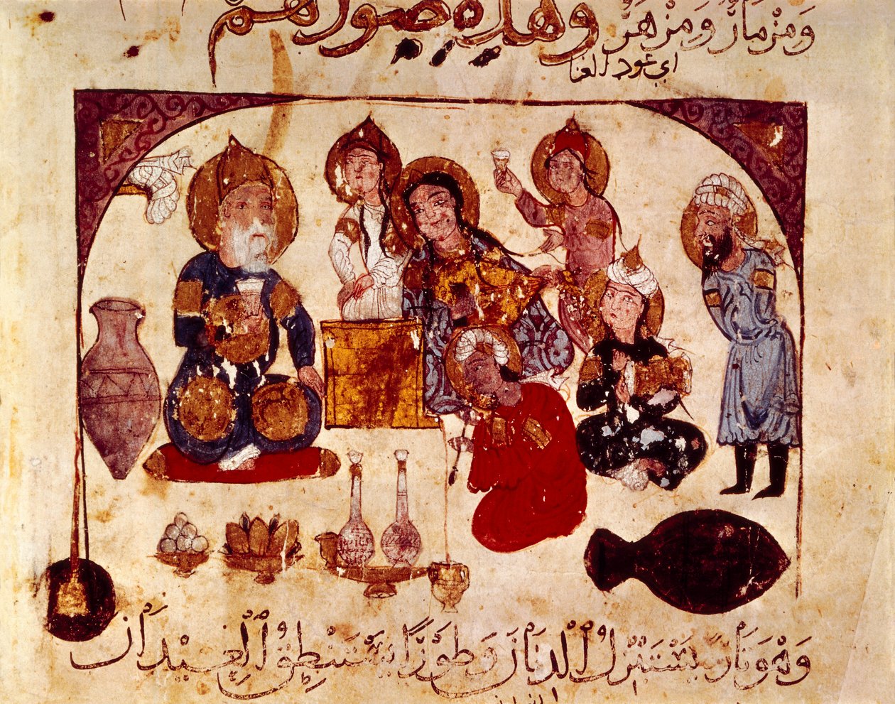 Abou-Zayd w tawernie Hanah, miniatura z „Maqamat” (Przysłowia), ms. 3929, fol. 34v autorstwa Yahya ibn Mahmud Al Wasiti