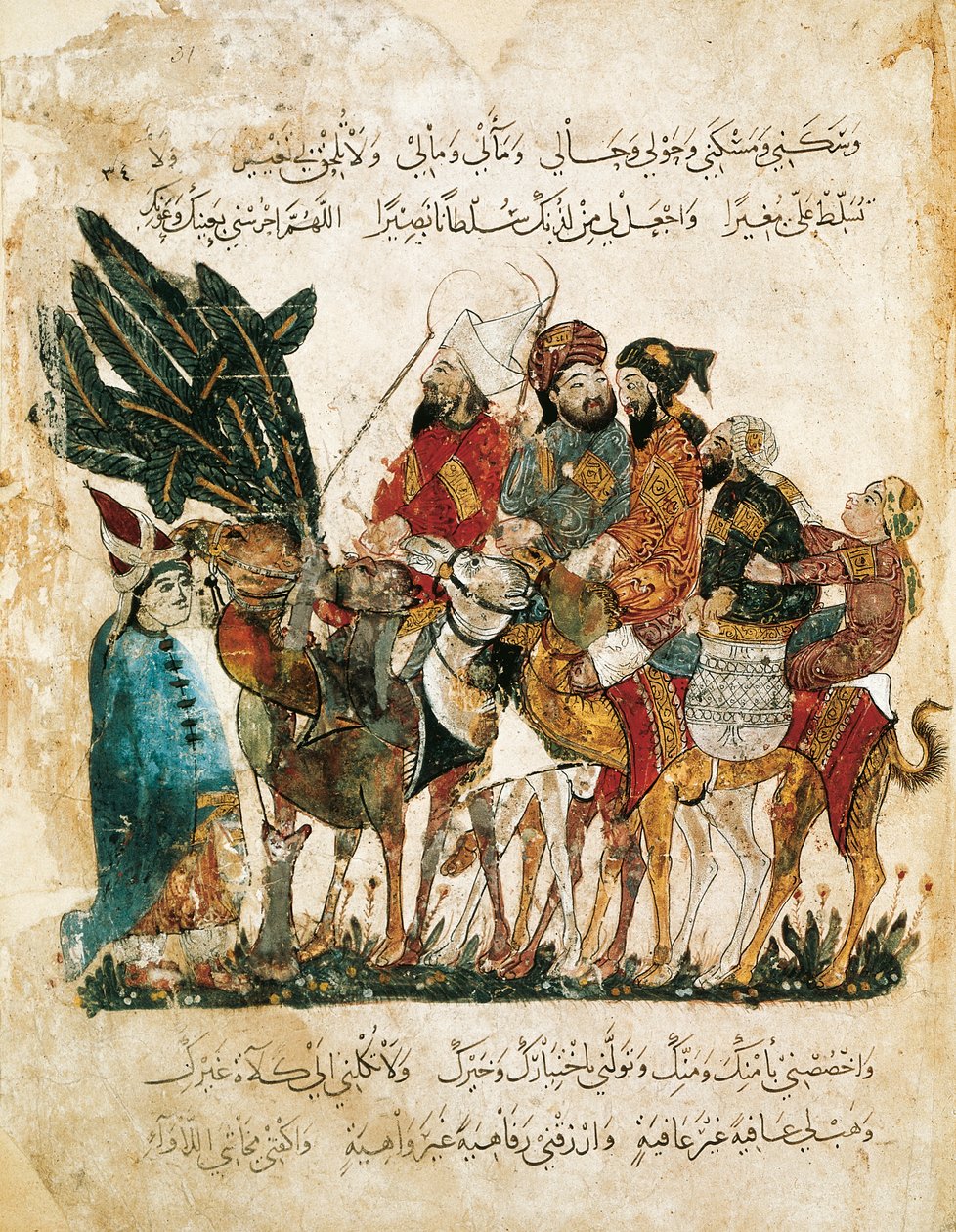 Karawana arabskich kupców, miniatura z Maqamat (Spotkania) Al-Haririego, ok. 1240 (gwasz na welinie) autorstwa Yahya ibn Mahmud Al Wasiti