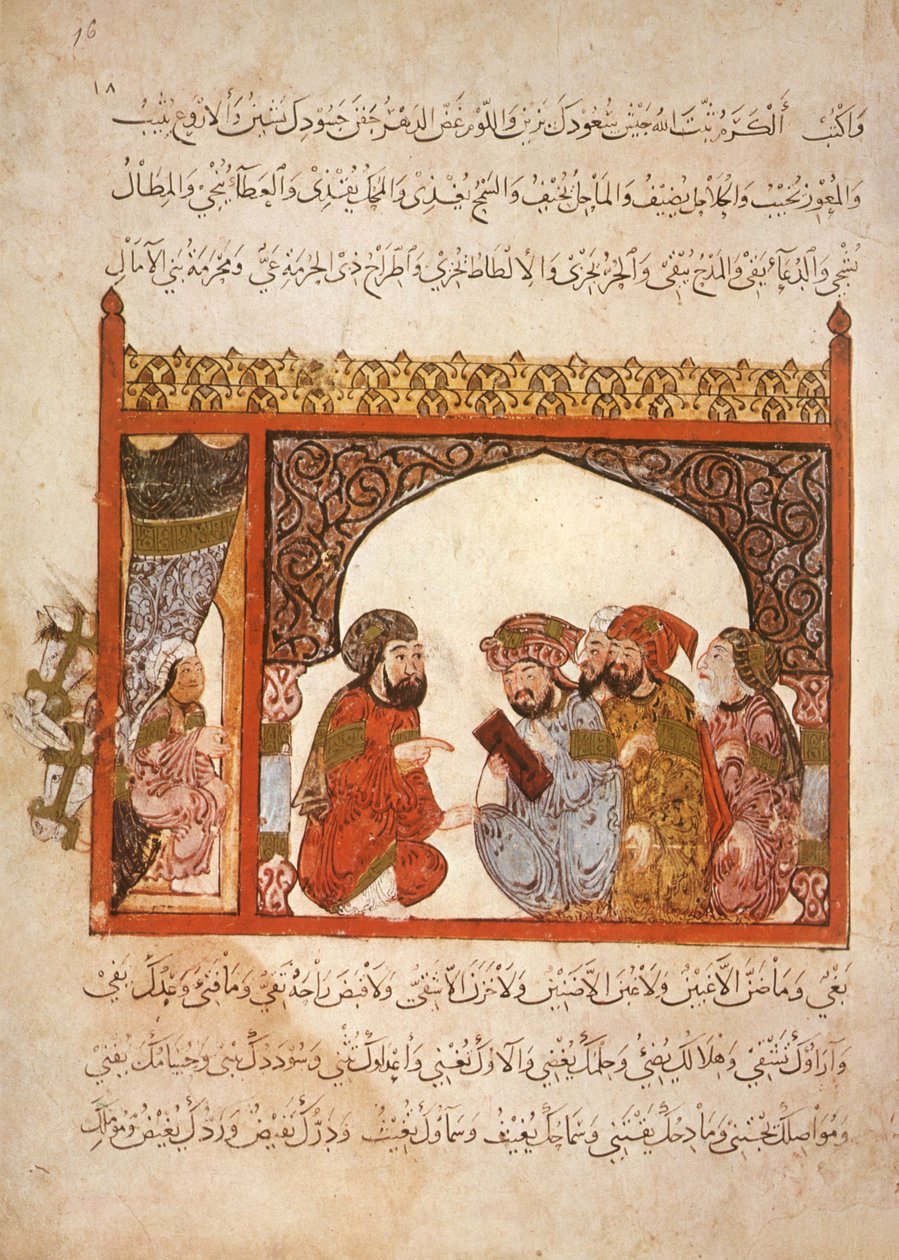 Ms Ar 5847 f.16, Kancelaria Maragha: gubernator zaproponował Abu Zaydowi wstąpienie do swojej służby, z Al Maqamat Al Haririego, ok. 1240 (gwasz na welonie) autorstwa Yahya ibn Mahmud Al Wasiti