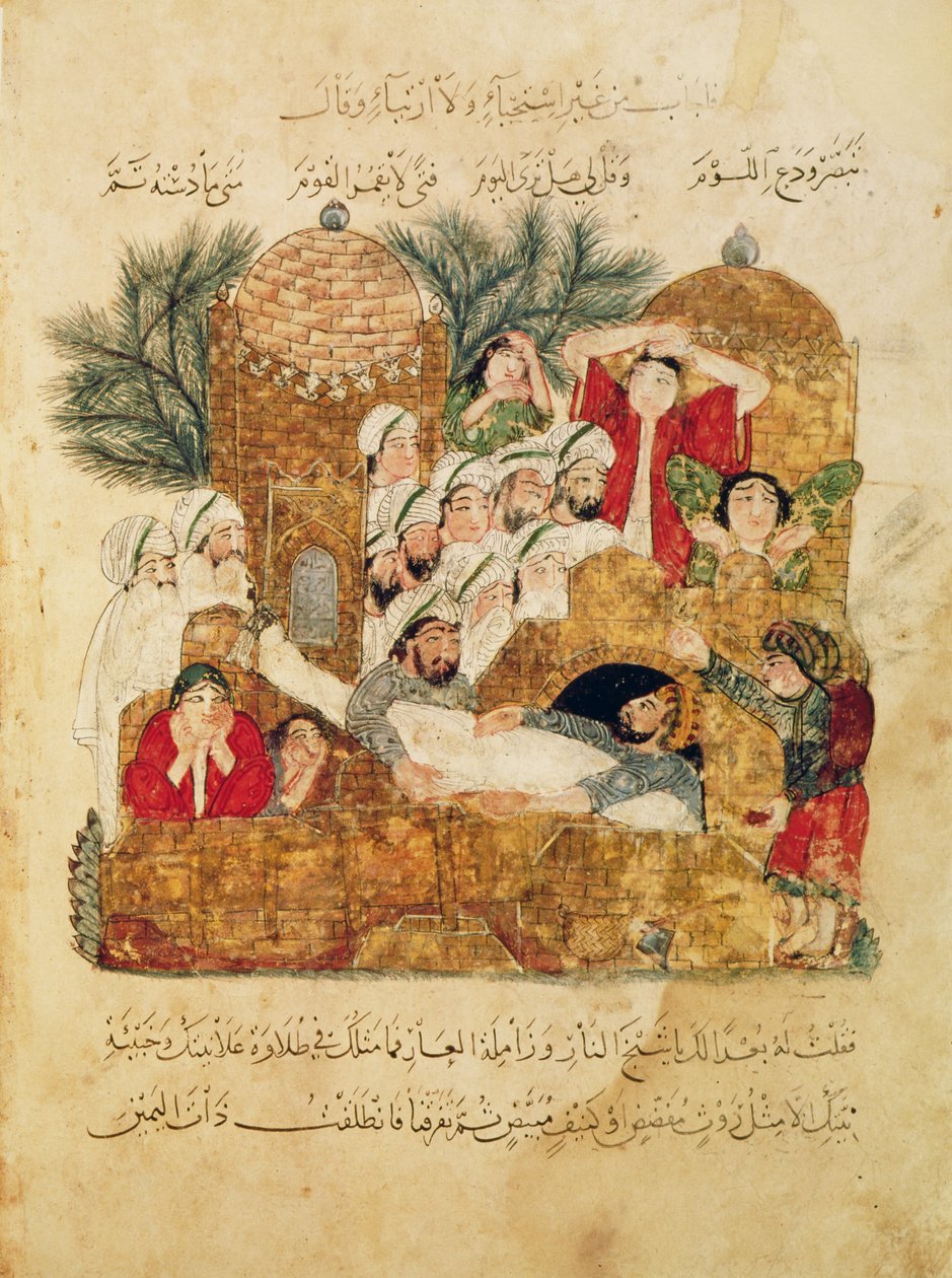 Pani Arab 5847 f.29, Pogrzeb ofiary dżumy, z „Al Maqamat” (Spotkania) Al-Hariri, c.1240 autorstwa Yahya ibn Mahmud Al Wasiti