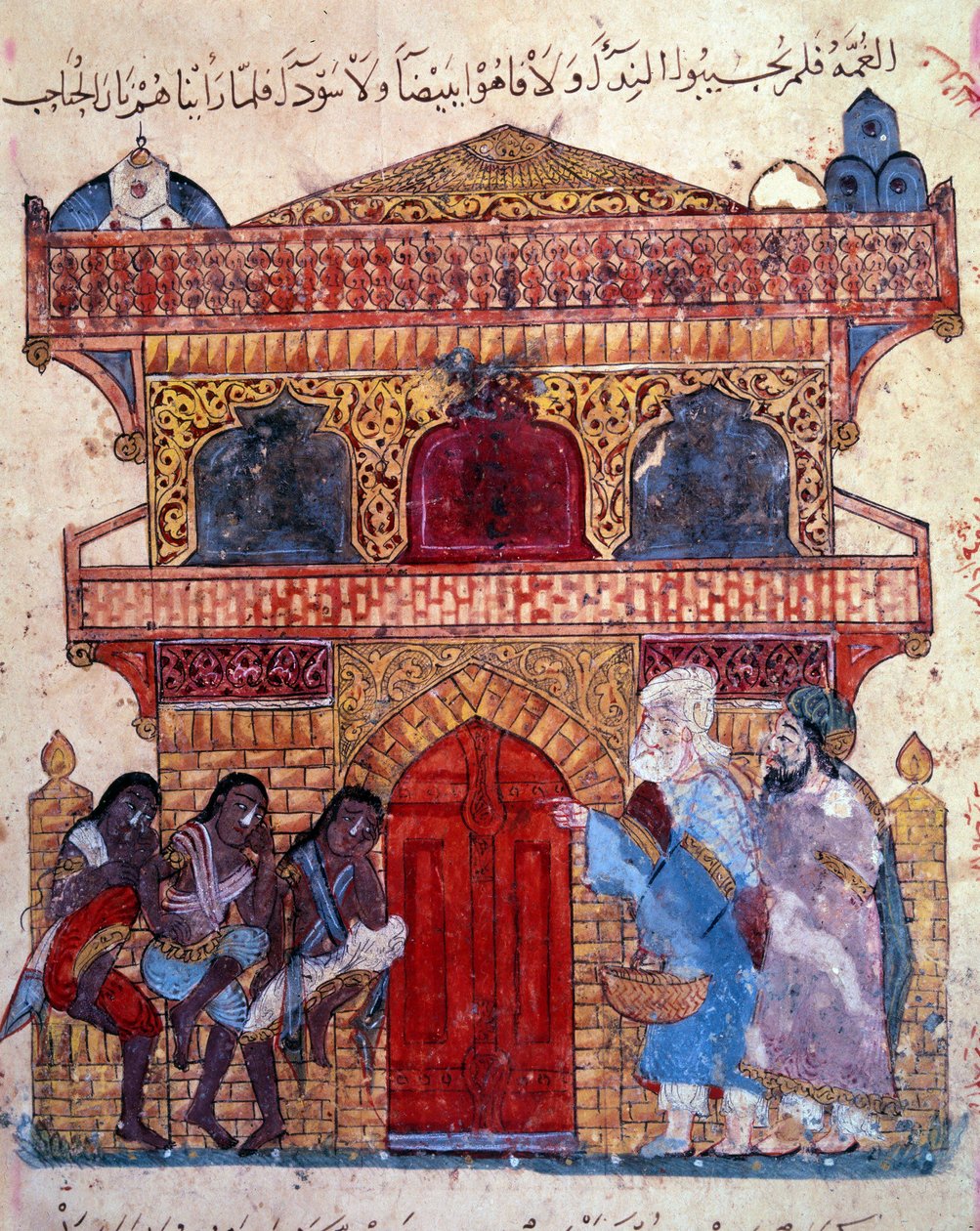 burżuazyjny al-Harith (Al Harith), syn Hammama i wędrowny nawigator Abu-Zayd (Abu Zayd) (albo Al-Hariri lub Al Hariri) (1054-1122) w Lumi autorstwa Yahya ibn Mahmud Al Wasiti