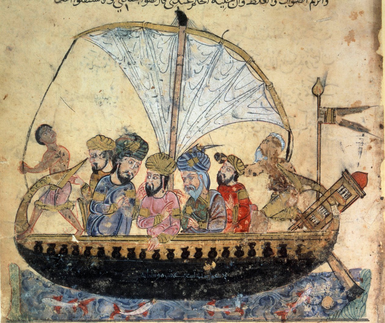 burżuazyjny al-Harith (Al Harith), syn Hammama i wędrowny nawigator Abu-Zayd (Abu Zayd) na łodzi płynącej po miniaturze Eufratu z „Maqamat” (Seanse) Abu Mohammeda al-Kasima ibn Ali Hariri (lub Al-Hariri lub Al Hariri) (1054-1122) autorstwa autorstwa Yahya ibn Mahmud Al Wasiti
