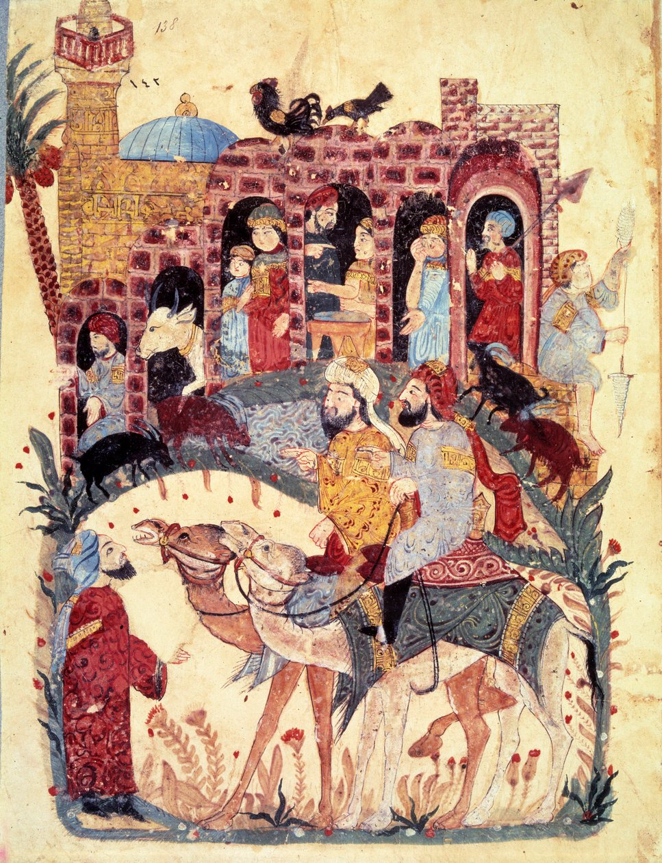 burżuazyjny al-Harith (Al Harith), syn Hammama i wędrowny nawigator Abu-Zayd (Abu Zayd, Abu Zayd) przybywają do miasta, opisano meczet i minaret, handel, bazary i pracę kobiet. Miniatura z „Maqamat” (Seanse) autorstwa Yahya ibn Mahmud Al Wasiti
