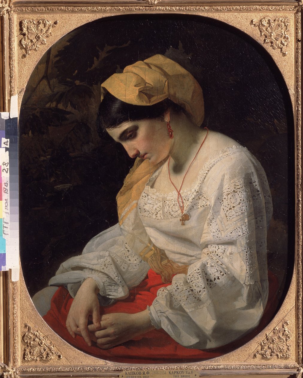 Młoda panna młoda (Oblubienica). Portret profil smutnej młodej kobiety o zrezygnowanym wyrazie. Obraz Jakowa Fiodorowicza Kapkowa (1816-1854), olej na płótnie autorstwa Yakov Fyodorovich Kapkov