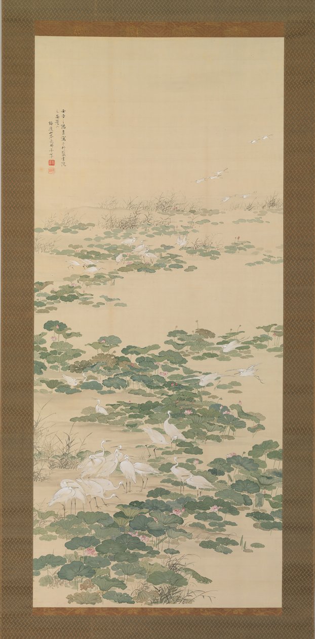 Czaple w stawie lotosu, 1852. autorstwa Yamamoto Baiitsu