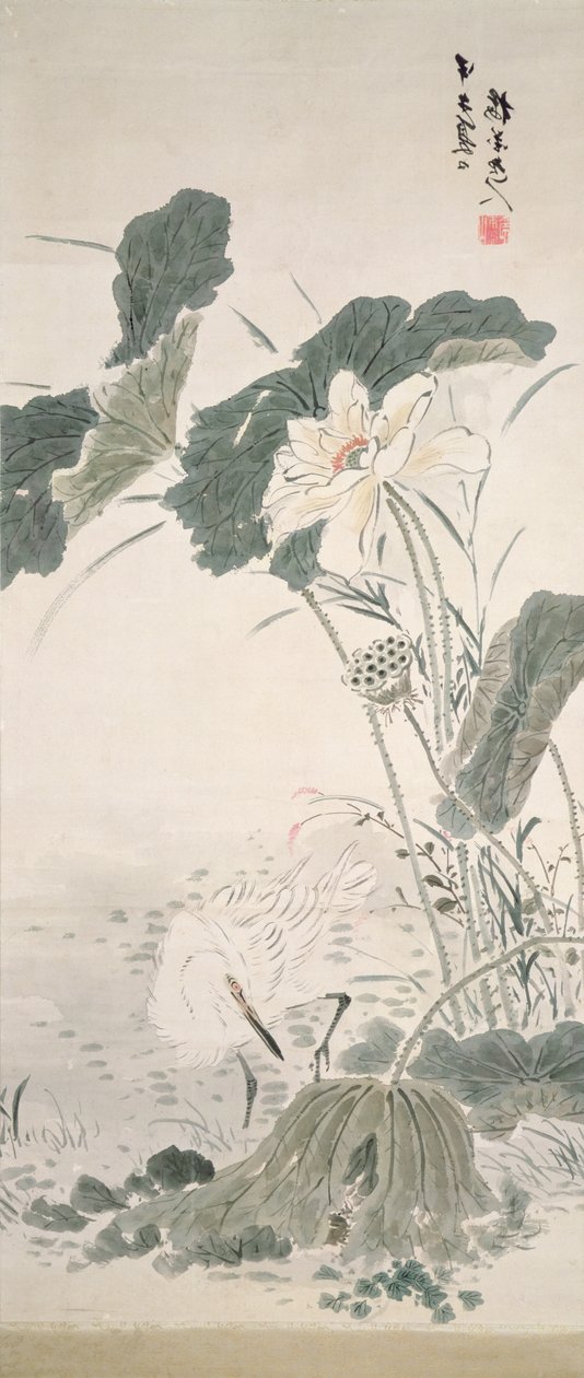 Czapla i lotos, b.d. autorstwa Yamamoto Baiitsu