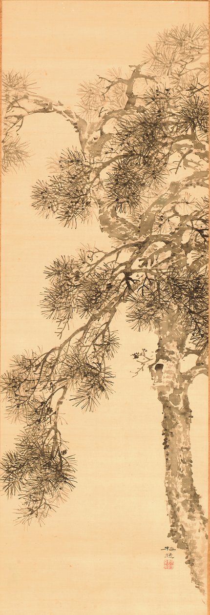 Sosna, przed 1856 (tusz na jedwabiu) autorstwa Yamamoto Baiitsu