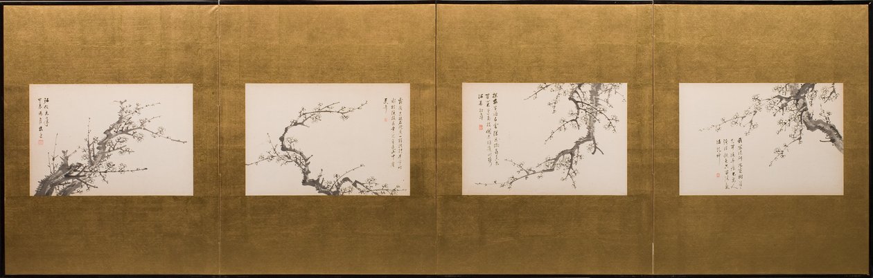 Kwiaty śliwy, składany ekran, okres Edo 1844 (tusz na papierze) (zobacz także 752778-82) autorstwa Yamamoto Baiitsu