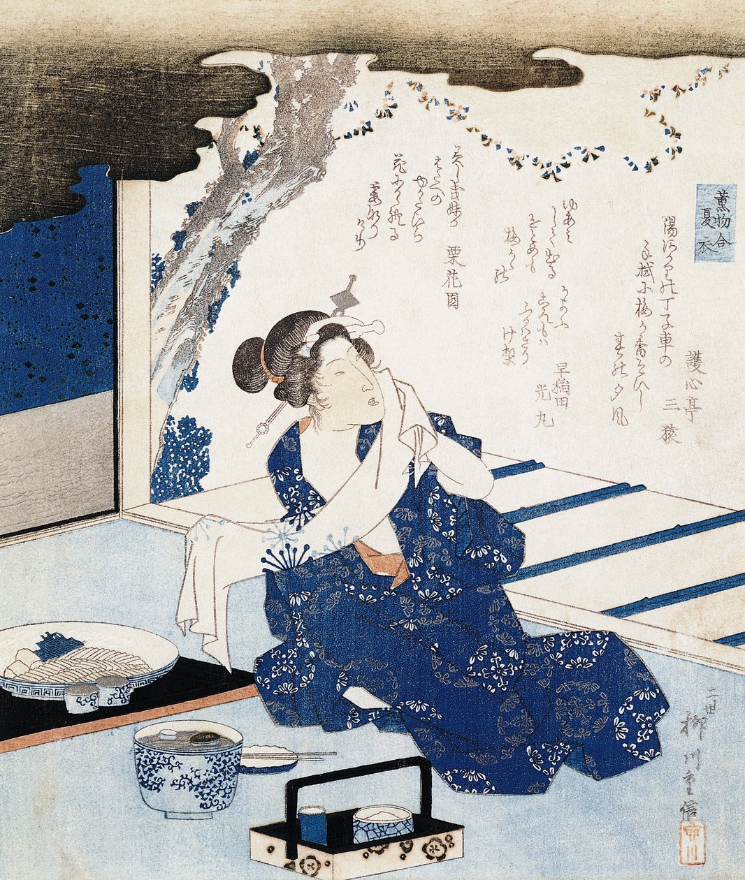 Kurtyzana w yukacie (niebiesko-białe bawełniane kimono), panel ścienny ozdobiony wierszem autorstwa Yanagawa II Shigenobu
