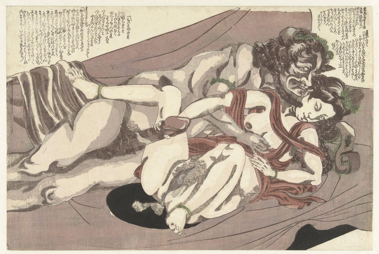 Satyr i nimfa kochają się Burza wierzbowa (tytuł serii) Yanagi no arashi (tytuł serii) autorstwa Yanagawa Shigenobu (I) (attributed to)