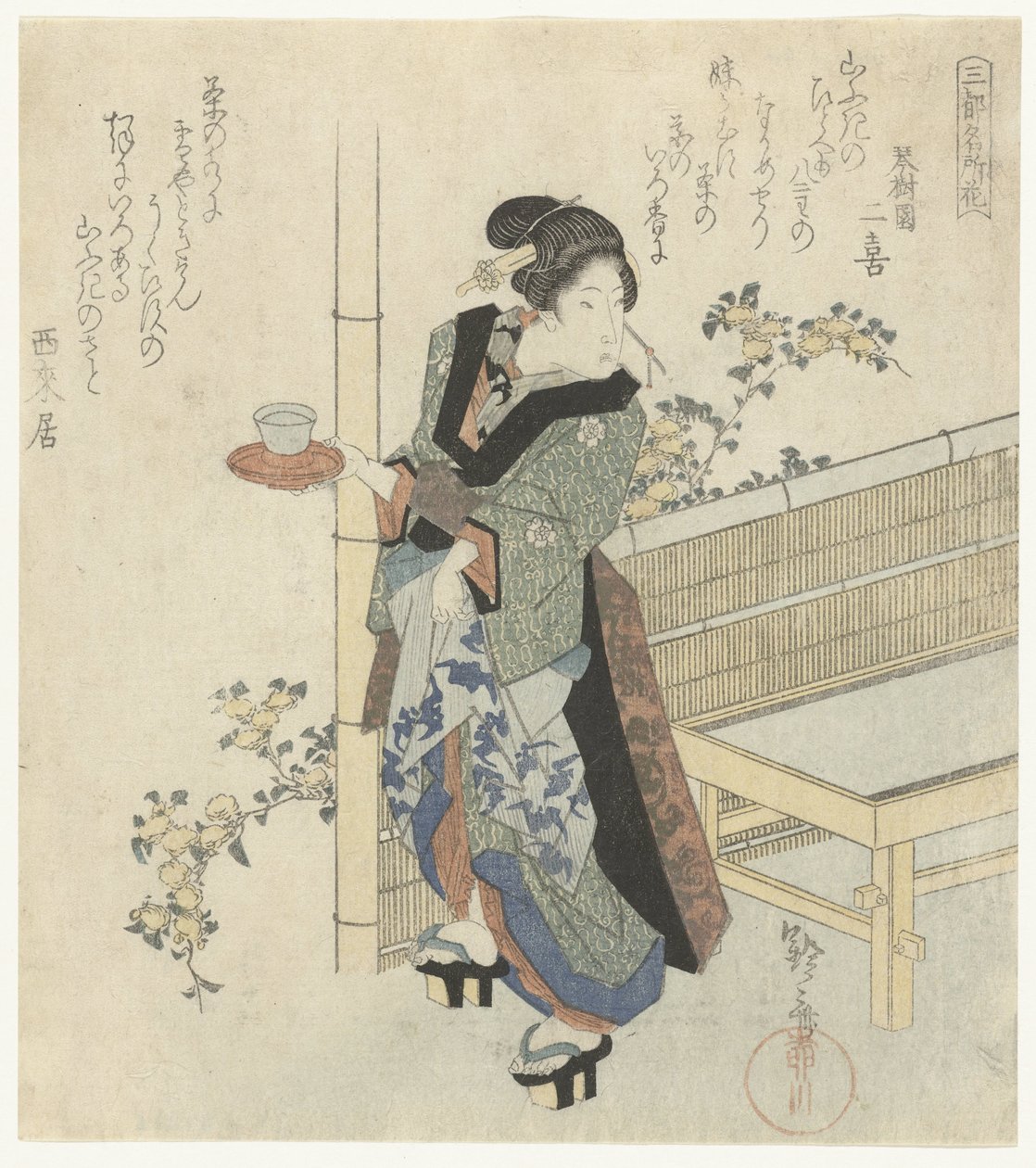 Kelnerka w kwiatach Yamabuki Słynne Kwiaty Trzech Stolic (tytuł serii) Santo meishobana (tytuł serii na obiekcie) autorstwa Yanagawa Shigenobu (I)