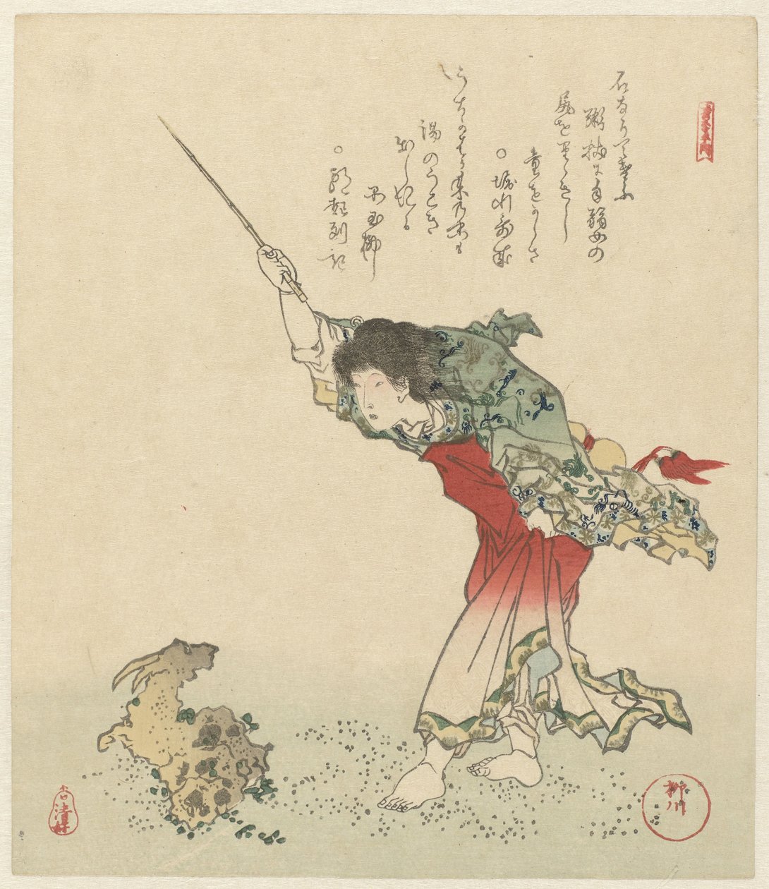 Kôshôhei zamienia kozę w skałę Pięć grafik o długowieczności (tytuł serii) Kotobuki goban no uchi (tytuł serii na obiekcie) autorstwa Yanagawa Shigenobu (II)