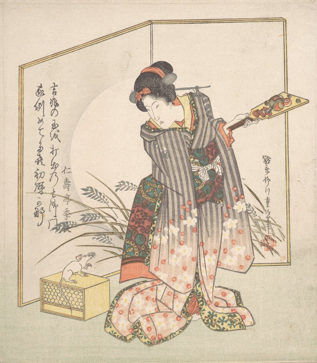 Kartka noworoczna na rok szczura, 1828. autorstwa Yanagawa Shigenobu