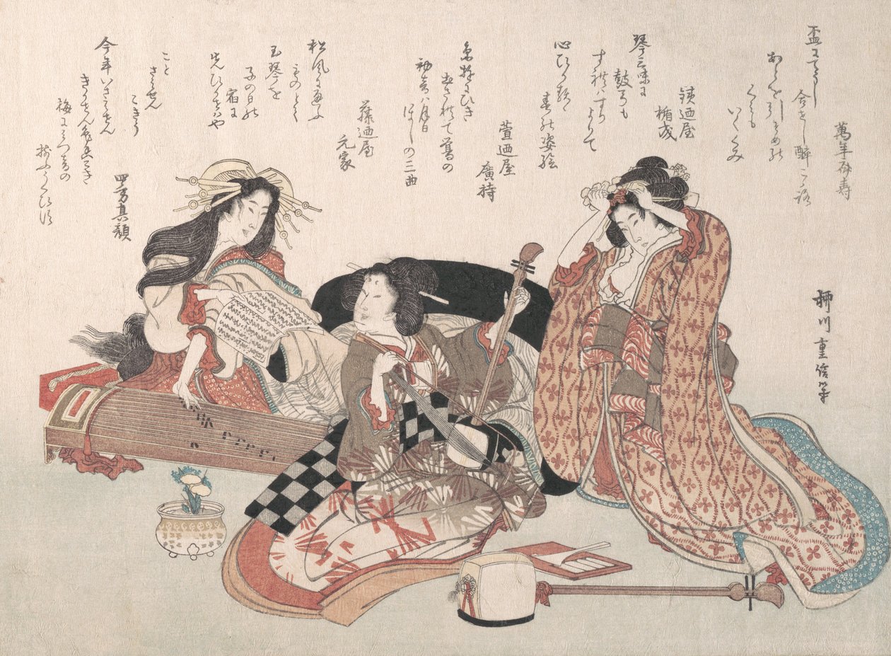 Kobiety grające muzykę, XIX wiek. autorstwa Yanagawa Shigenobu
