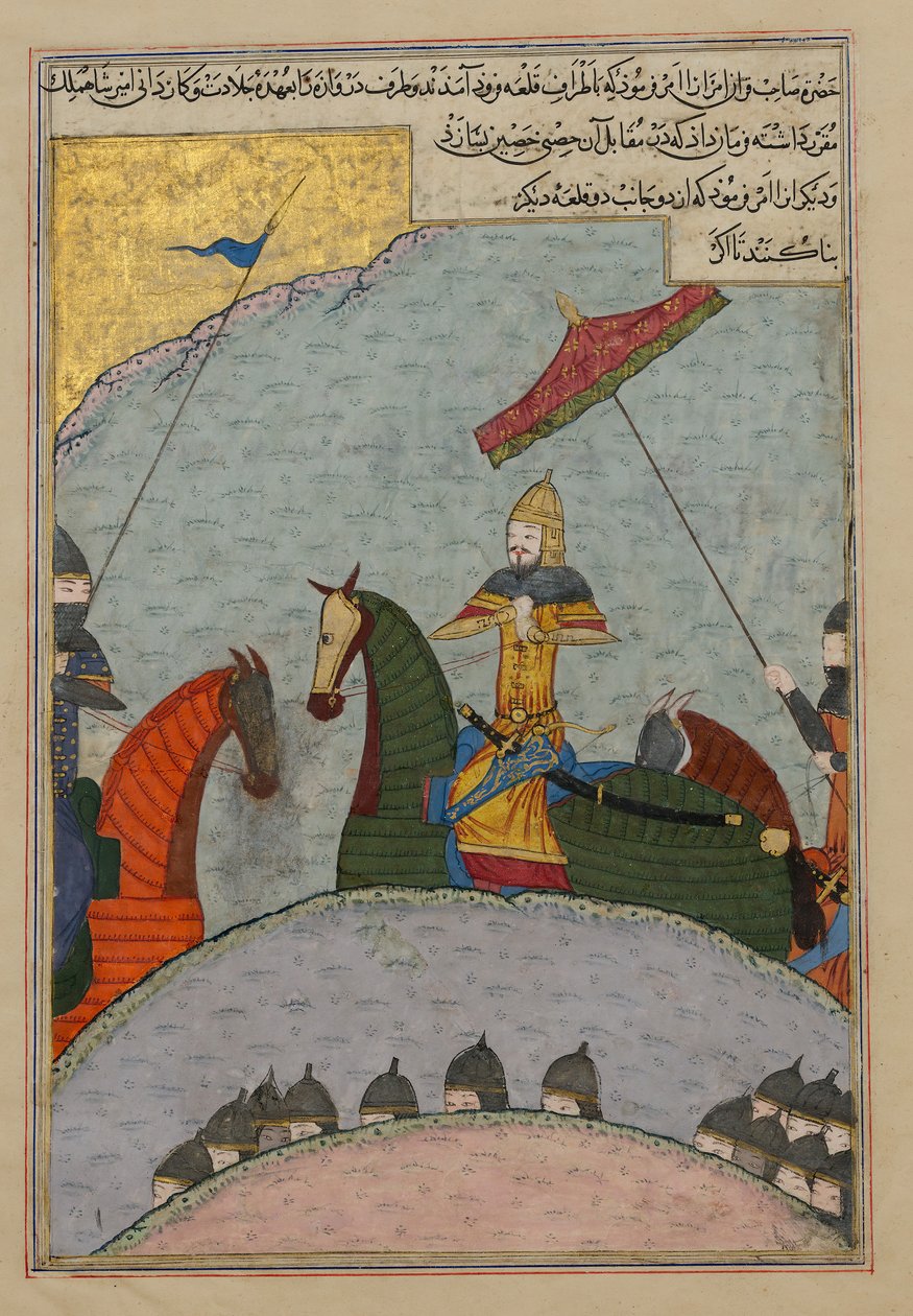 Timur przed bitwą, Folio z rozproszonej kopii Zafarnamy..., A.H. 839AD. 1436. autorstwa Ya