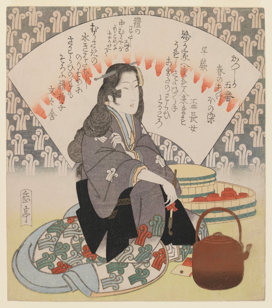 Kelnerka i miedziany czajnik z serii 5 Surimono dla klubu poetyckiego Katsushika, ok. 1830 (drewnodruk, format shikishiban, luksusowy nadruk z dużą ilością metali) autorstwa Yashima Gakutei
