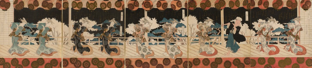 Tańczące kurtyzany, pięć, z serii pentaptyków "Furuichi Dance Performance (Furuichi odori)" dla Hisakataya Poetry Club. autorstwa Yashima Gakutei