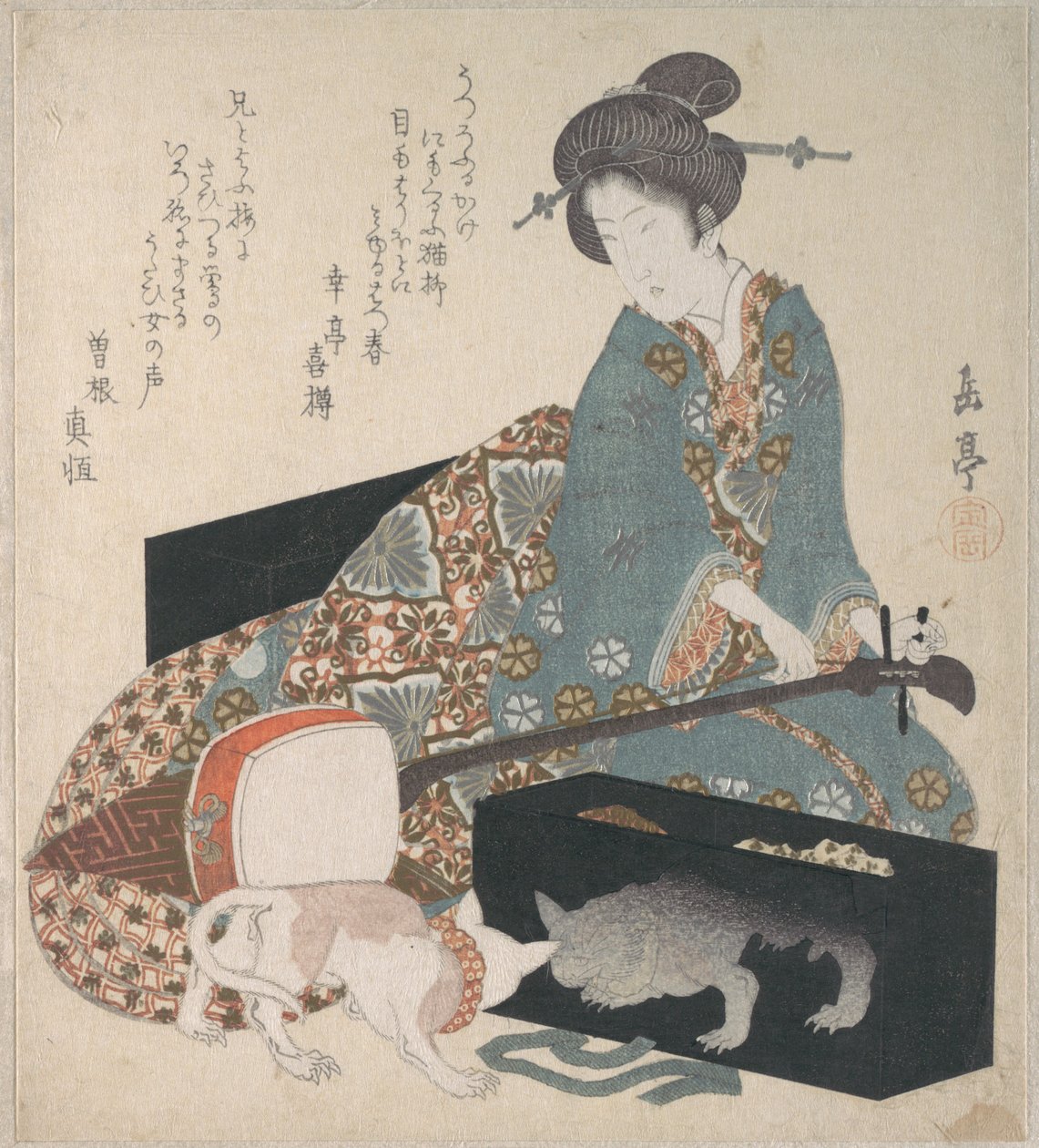 Kobieta strojąca shamisen i kot patrzący na własne odbicie autorstwa Yashima Gakutei