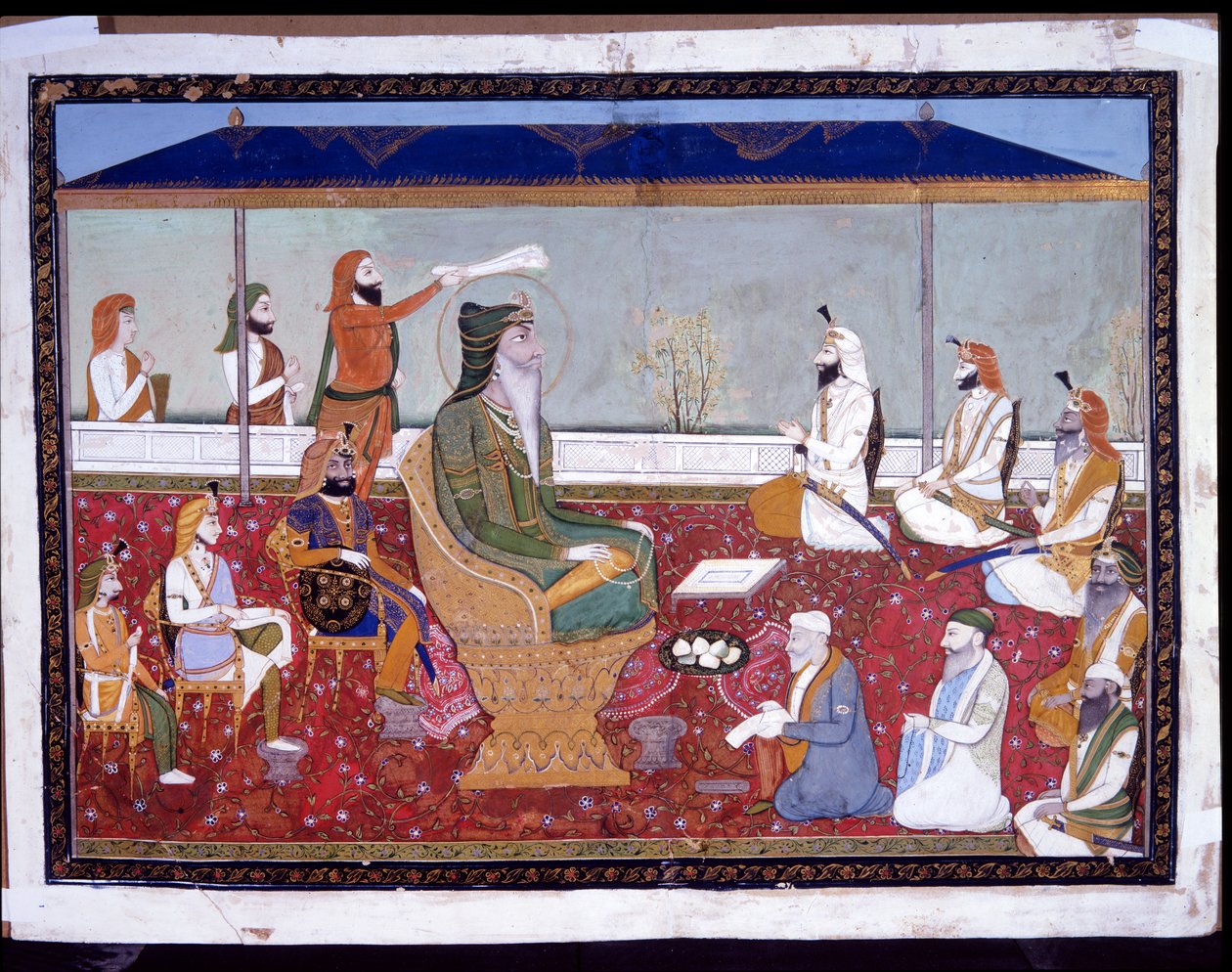 Ranjit Singh na swoim złotym tronie, ok. 1830 (nieprzezroczysta akwarela i złoto na papierze) autorstwa Yechu Mussavir