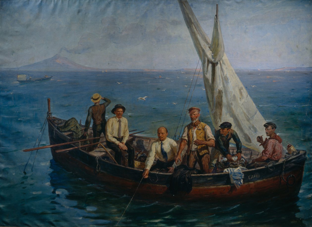Lenin i autor Maksym Gorki z rybakami na wyspie Capri, 1946 autorstwa Yefim Mikhailovich Tcheptsov