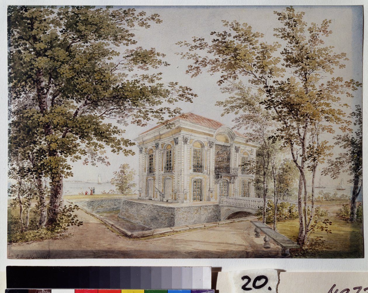 Pawilon Ermitażu w Peterhofie. Pawilon ten, zwany także nowym Monplaisir, został zbudowany w 1725 roku przez architekta J. F. Braunsteina. Praca Jegora Jegorowicza Meiera (1822-1867), akwarela na papierze, ok. 1850 r. Ar autorstwa Yegor Yegorovich Meier