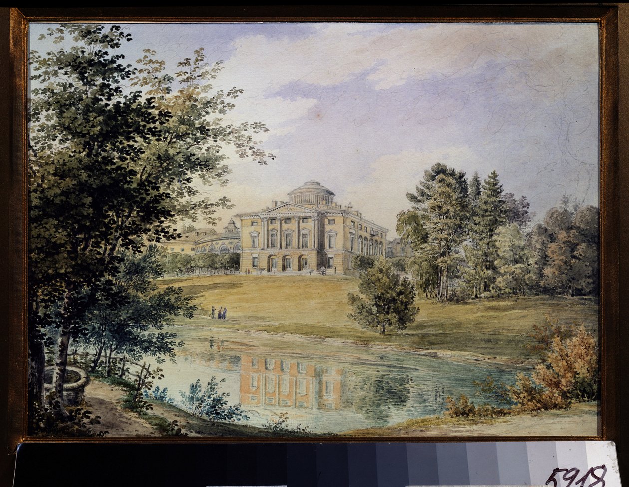 Widok na Pałac Pawłowsk (Sankt Petersburg). (Widok na Pałac Pawłowsk). Zbudowany w latach 1782-1786 przez architekta Charlesa Camerona. Praca Jegora Jegorowicza Meiera (1822-1867), akwarela na papierze autorstwa Yegor Yegorovich Meier