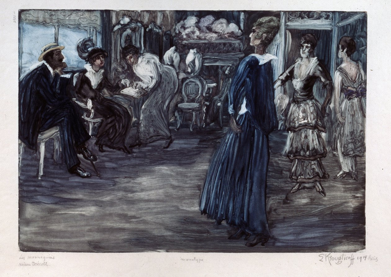 Warsztaty mody (warsztaty mody). Sala prezentacyjna dla modelek couture, kobiety paradują przed parą w prywatnym pokoju. Praca Yelisaveta (Elisabeth) Sergeyevna Krouglikova (Elizaveta Sergeevna Krouglikova) (1865-1941), monotypia autorstwa Yelisaveta Sergeyevna Kruglikova