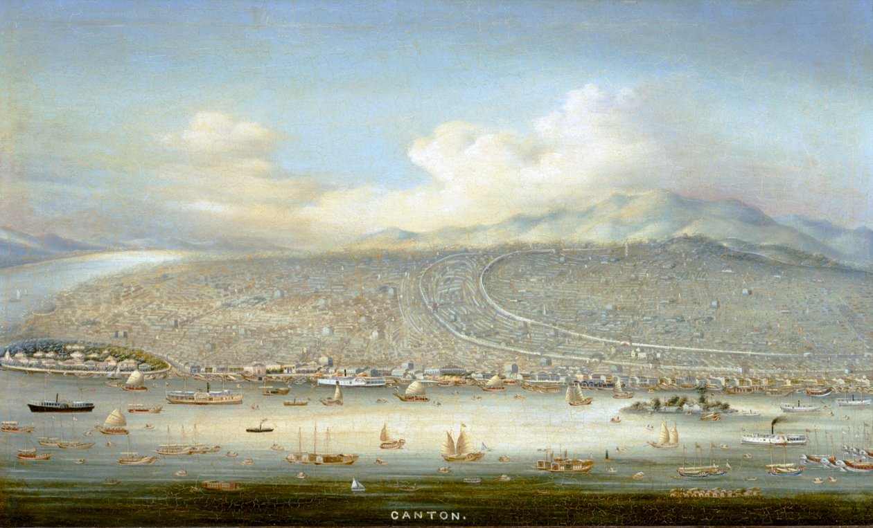 Widok Kantonu z wyspą Shamian w 1865 roku, ok. 1880 (olej na panelu) autorstwa Yichang Yichang