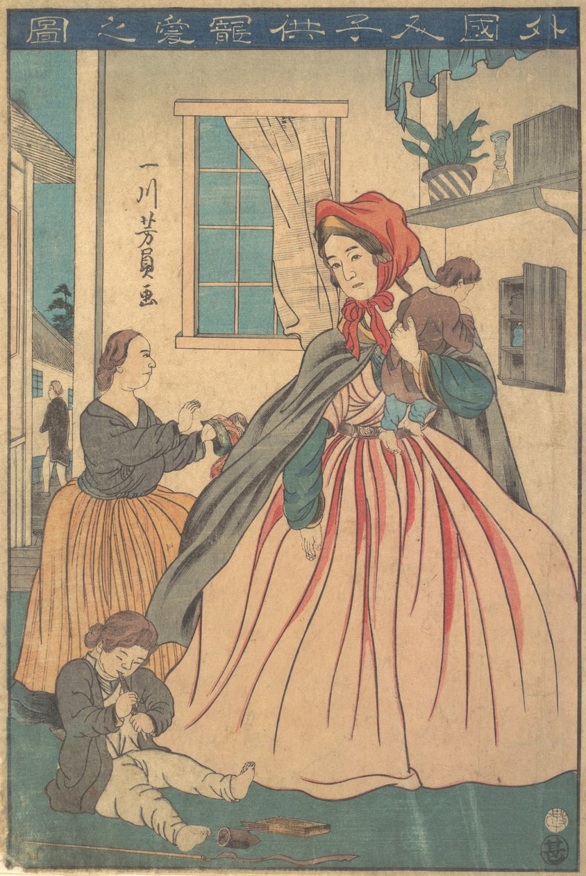 Cudzoziemka ciesząca się dziećmi, 1860 10. miesiąc. autorstwa Yoshikazu