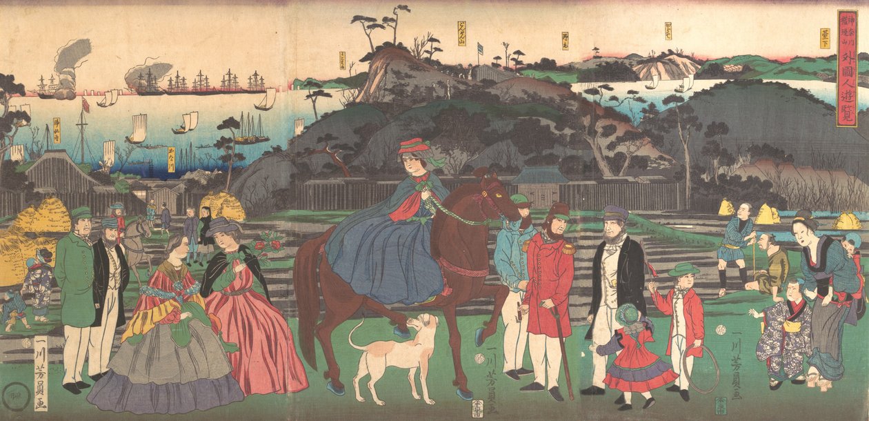 Cudzoziemcy odwiedzający słynne miejsce na górze Gongen w Kanagawie, 2 miesiąc 1861. autorstwa Yoshikazu