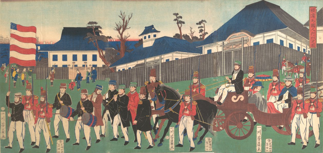 Obraz procesji cudzoziemców w Jokohamie, 2. miesiąc, 1861. autorstwa Yoshikazu