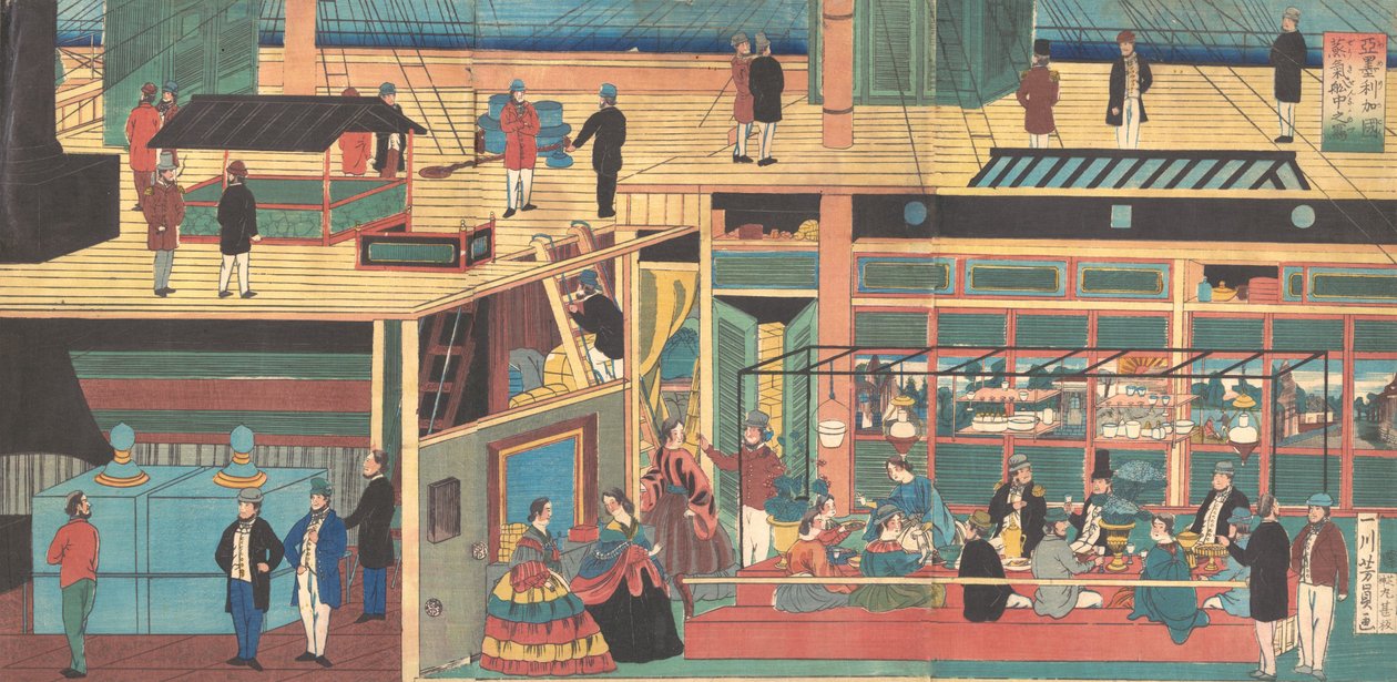 Zobacz wnętrze amerykańskiego parowca, 1861 Bunkyu, 1 rok, 4 miesiąc. autorstwa Yoshikazu